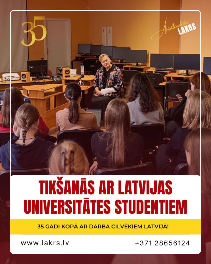 Arodbiedrības LAKRS pārstāve Inga tiekas ar Latvijas Universitātes žurnālistikas studentiem, pārrunājot darba tiesības un nākotnes izaicinājumus.